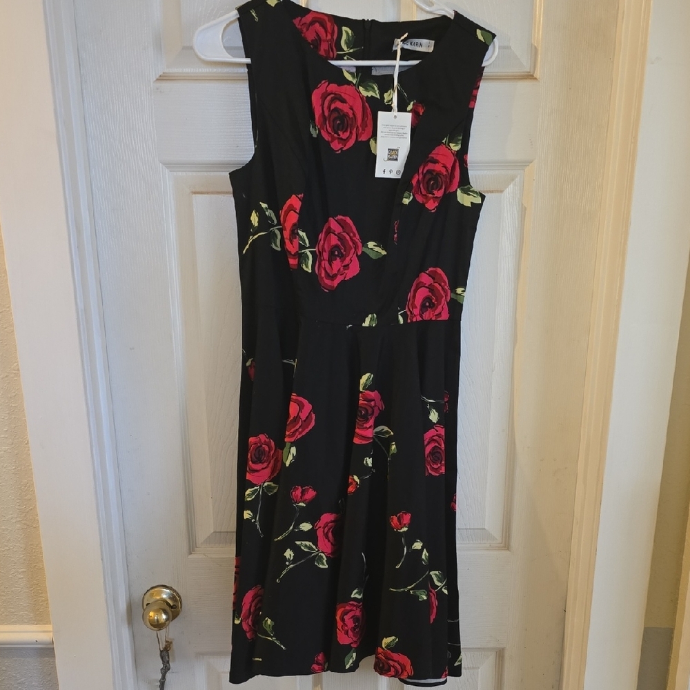 #91 Grace Karin Black Dress with Red Floral Design
